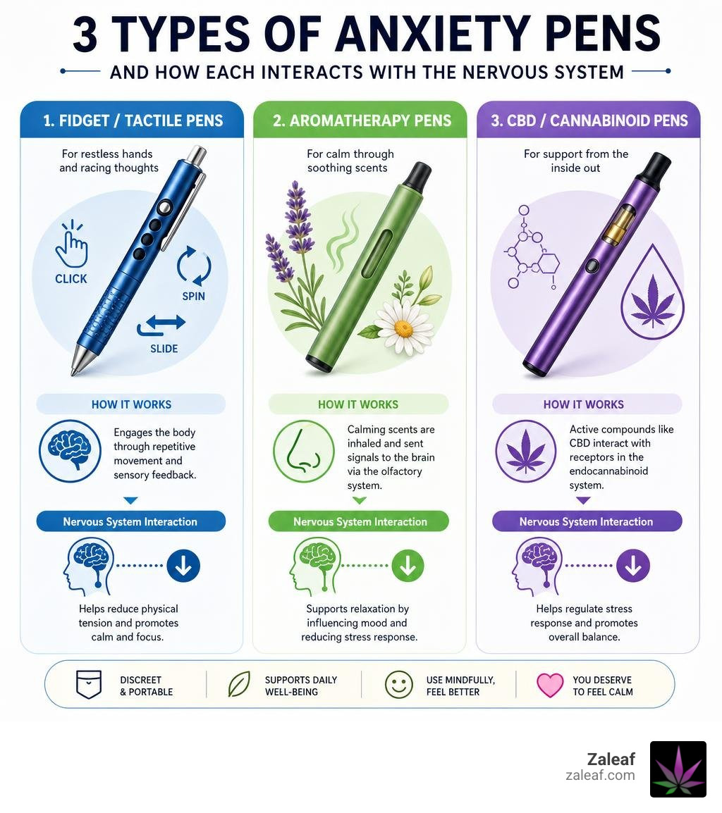 Infographic showing three types of anxiety pens and how each interacts with the nervous system infographic Infographic showing three types of anxiety pens and how each interacts with the nervous system infographic