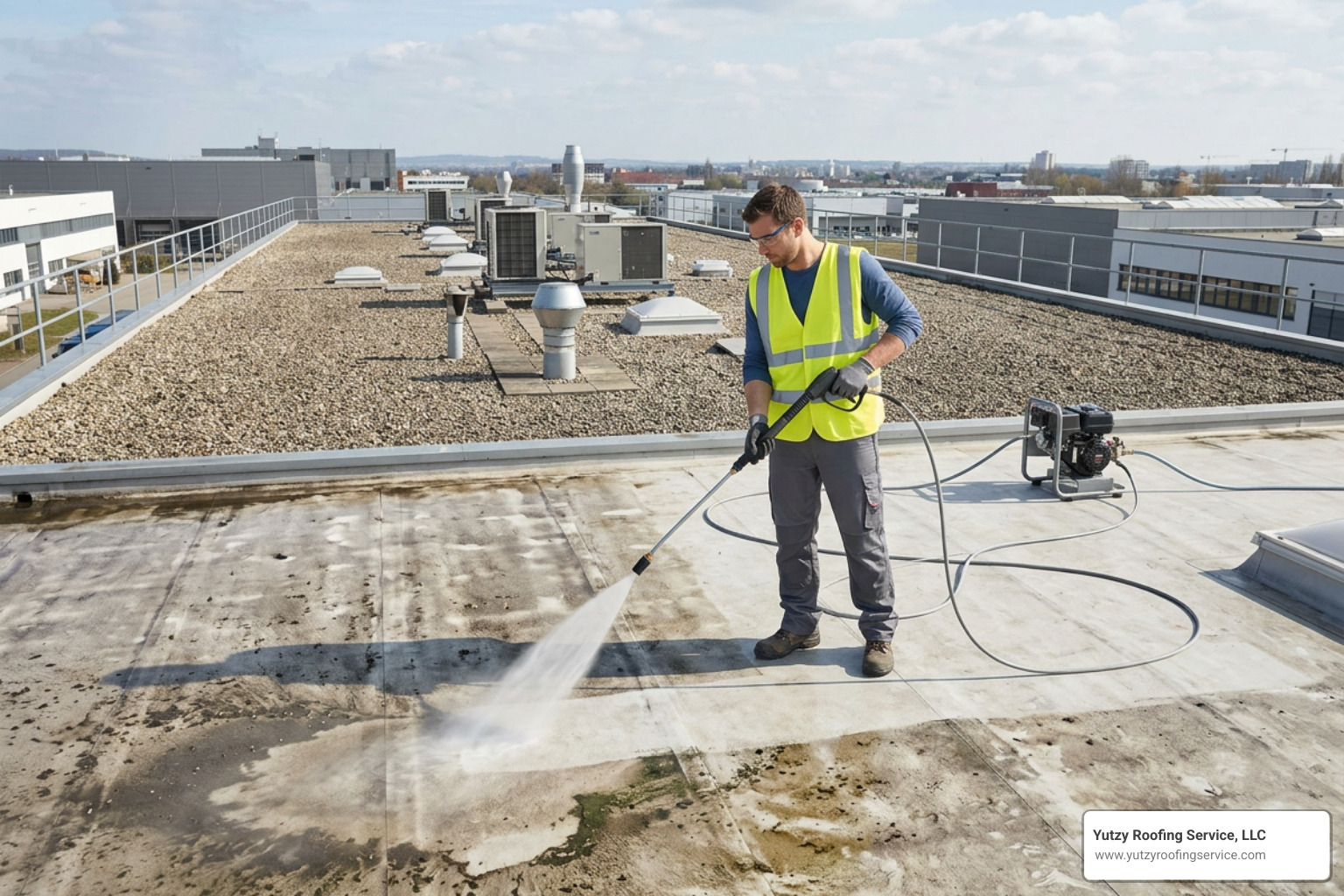 Cleaning a commercial flat roof surface with a pressure washer Cleaning a commercial flat roof surface with a pressure washer