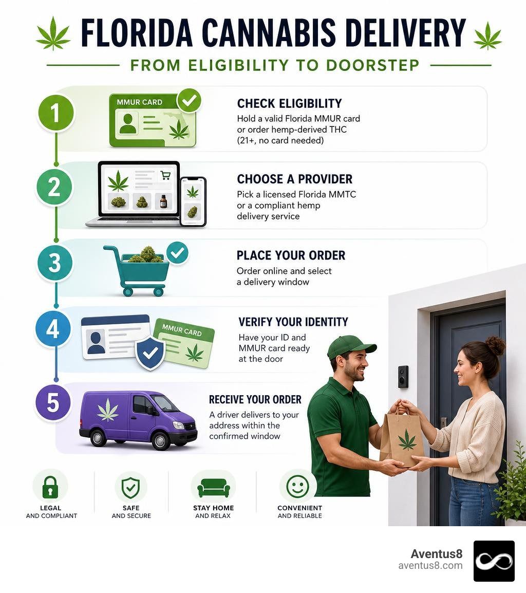 Step-by-step infographic of the Florida cannabis delivery process from eligibility to doorstep receipt infographic