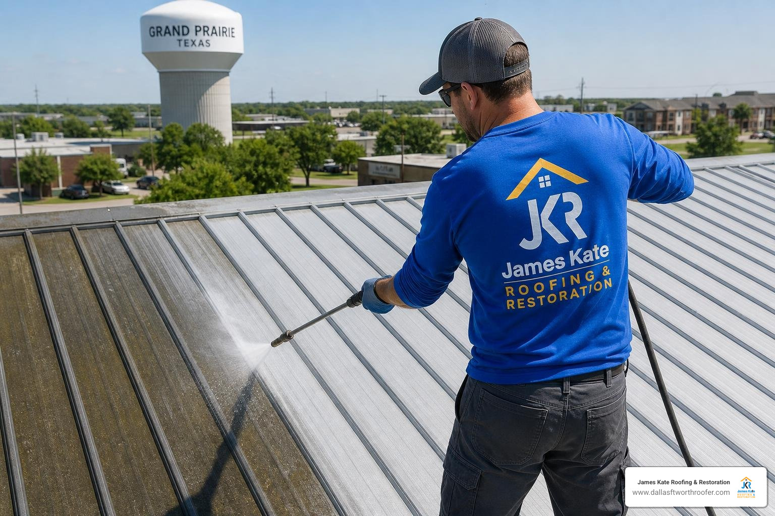 Technician in a royal blue James Kate shirt using a high-pressure pressure washer to clean oxidation off a metal roof in Technician in a royal blue James Kate shirt using a high-pressure pressure washer to clean oxidation off a metal roof in