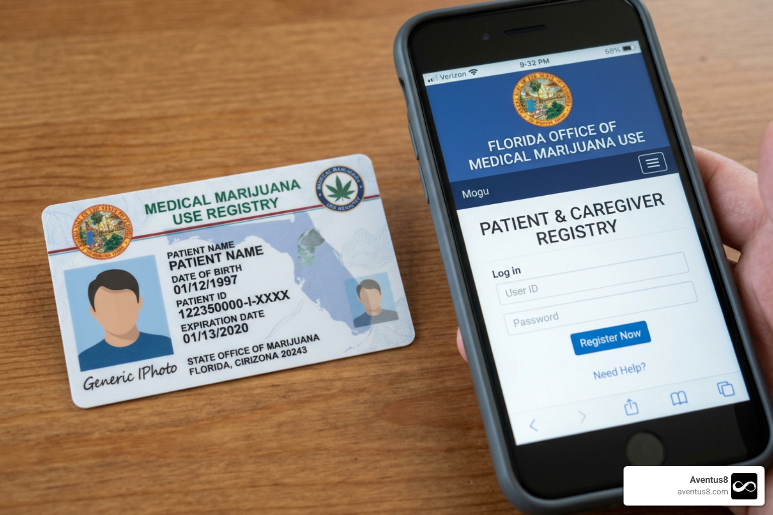 A Florida medical marijuana card alongside a smartphone showing the OMMU registry