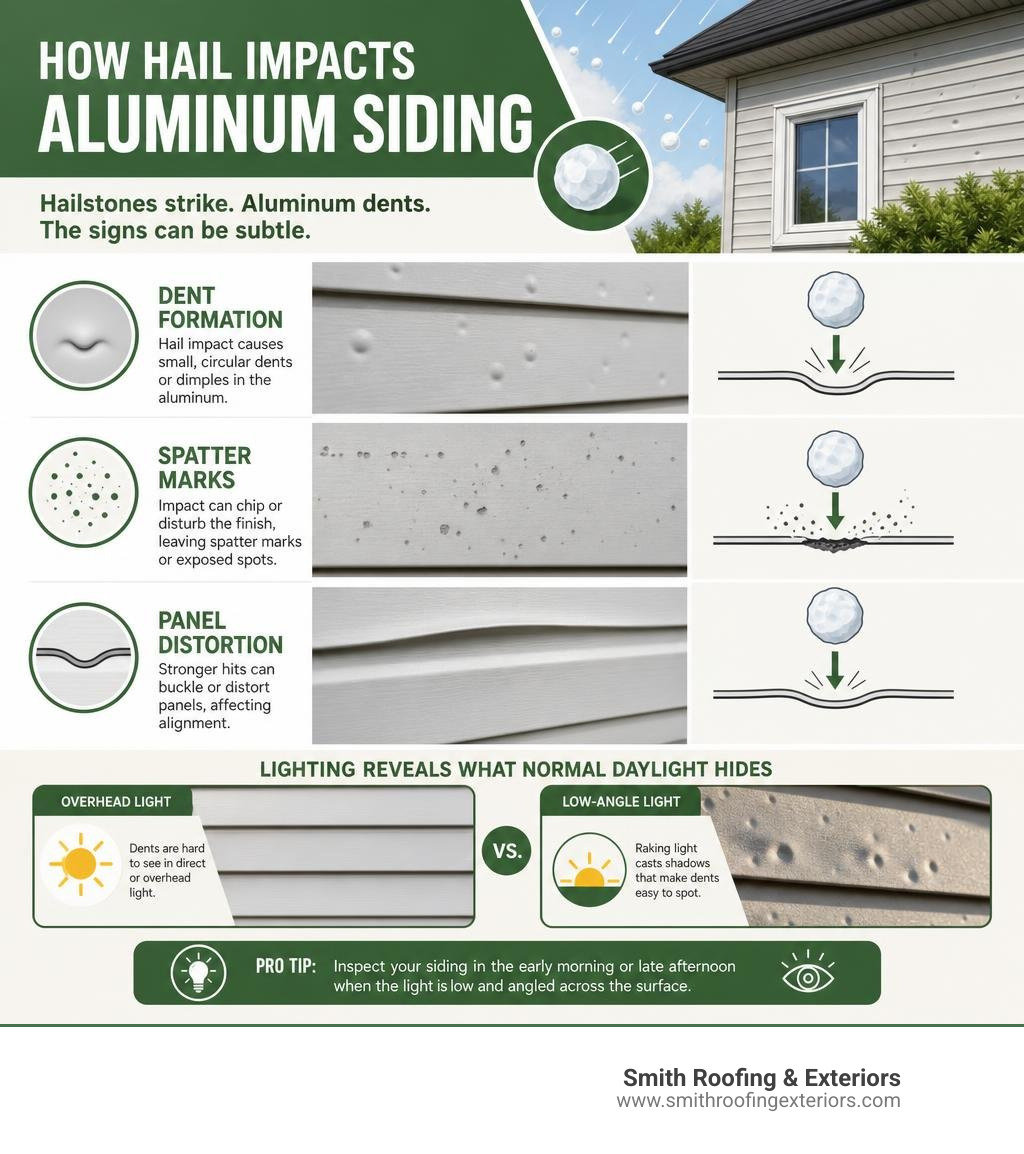 Infographic showing how hail impacts aluminum siding: dent formation, spatter marks, and damage visibility by lighting Infographic showing how hail impacts aluminum siding: dent formation, spatter marks, and damage visibility by lighting