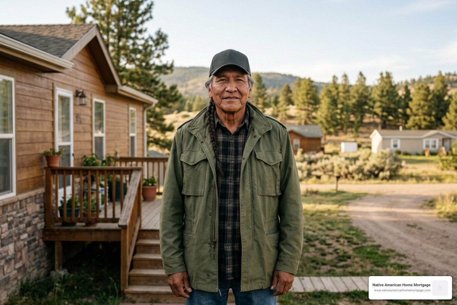 A proud Native American veteran standing in front of their home