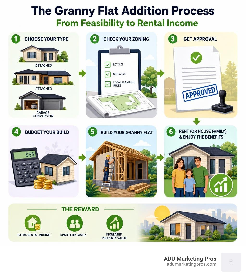 Step-by-step overview of the granny flat addition process from feasibility to rental income infographic