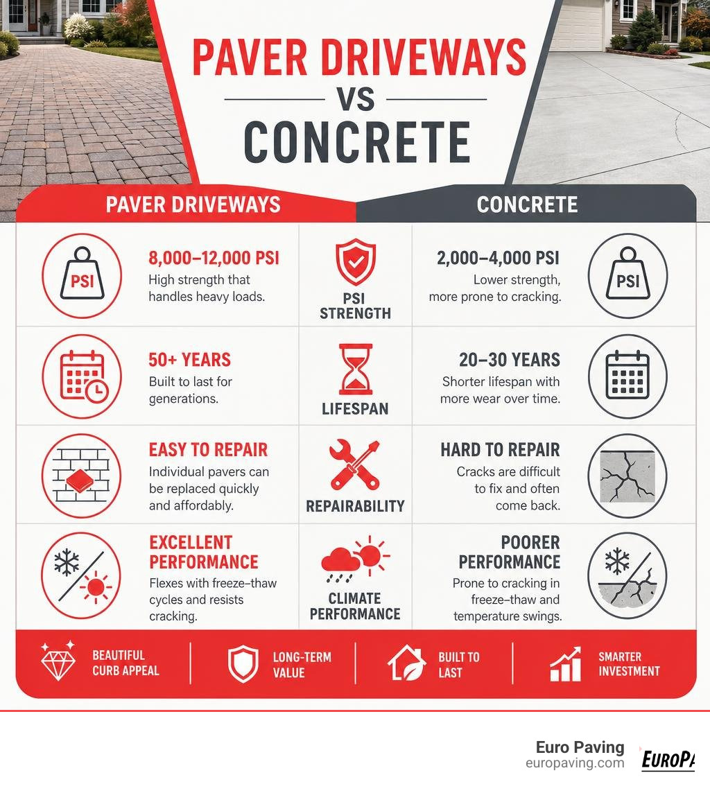 Infographic comparing paver driveways vs concrete: PSI strength, lifespan, repairability, and climate performance infographic Infographic comparing paver driveways vs concrete: PSI strength, lifespan, repairability, and climate performance infographic