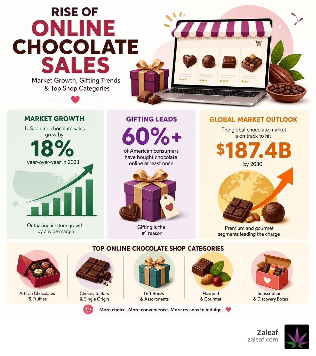 Rise of online chocolate sales infographic showing market growth, gifting trends, and top shop categories infographic
