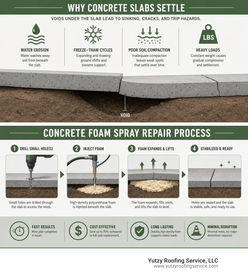infographic showing concrete slab settlement causes and foam spray repair process infographic infographic showing concrete slab settlement causes and foam spray repair process infographic