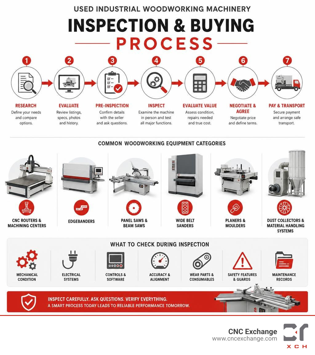 Used industrial woodworking machinery inspection and buying process infographic infographic