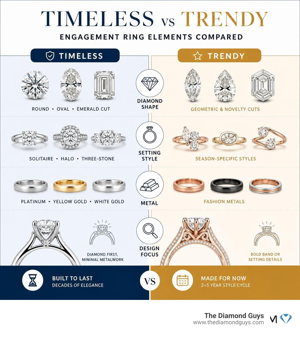 Infographic comparing timeless vs trendy engagement ring elements across diamond shape, setting, metal, and design focus Infographic comparing timeless vs trendy engagement ring elements across diamond shape, setting, metal, and design focus