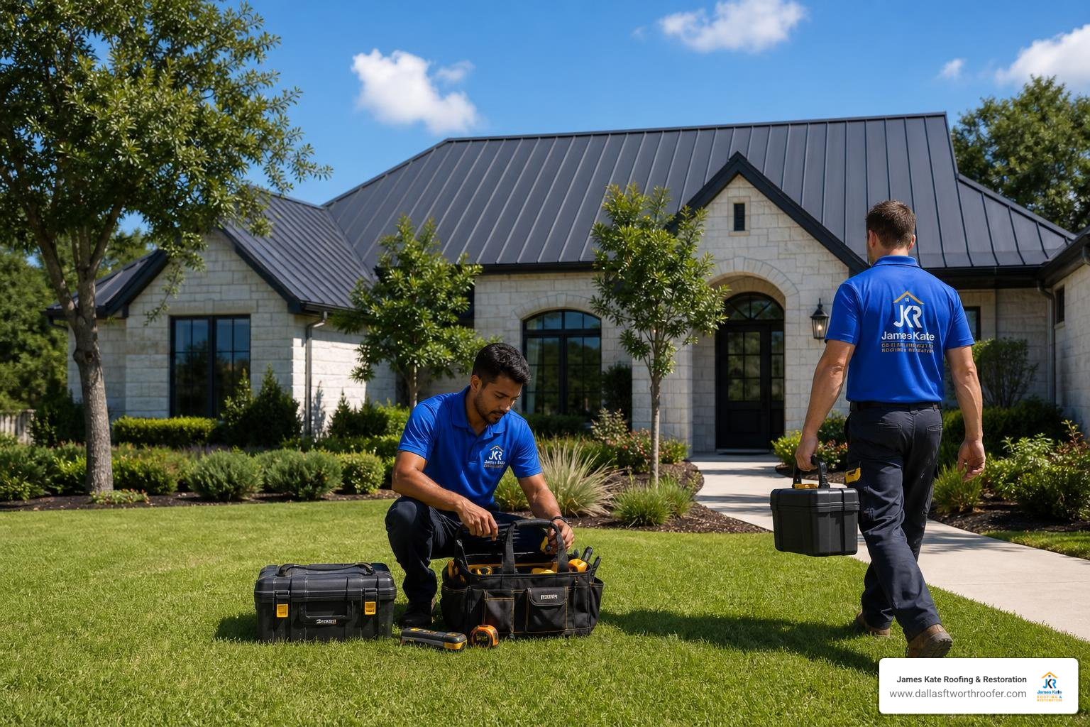 A newly restored Colorbond roof on a beautiful home in Mansfield TX with technicians in royal blue James Kate shirts packing A newly restored Colorbond roof on a beautiful home in Mansfield TX with technicians in royal blue James Kate shirts packing
