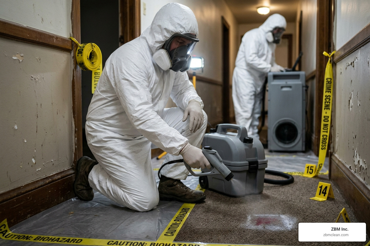 Technician performing specialized biohazard remediation work in professional safety gear Technician performing specialized biohazard remediation work in professional safety gear