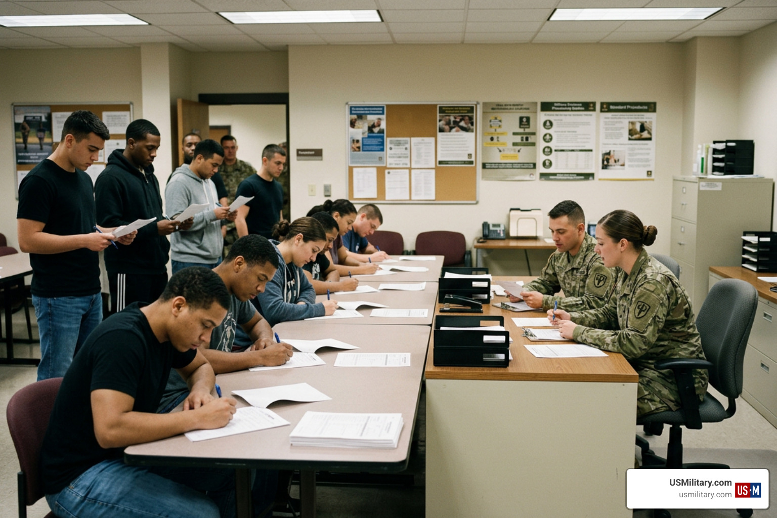 U.S. Army recruit processing paperwork at MEPS