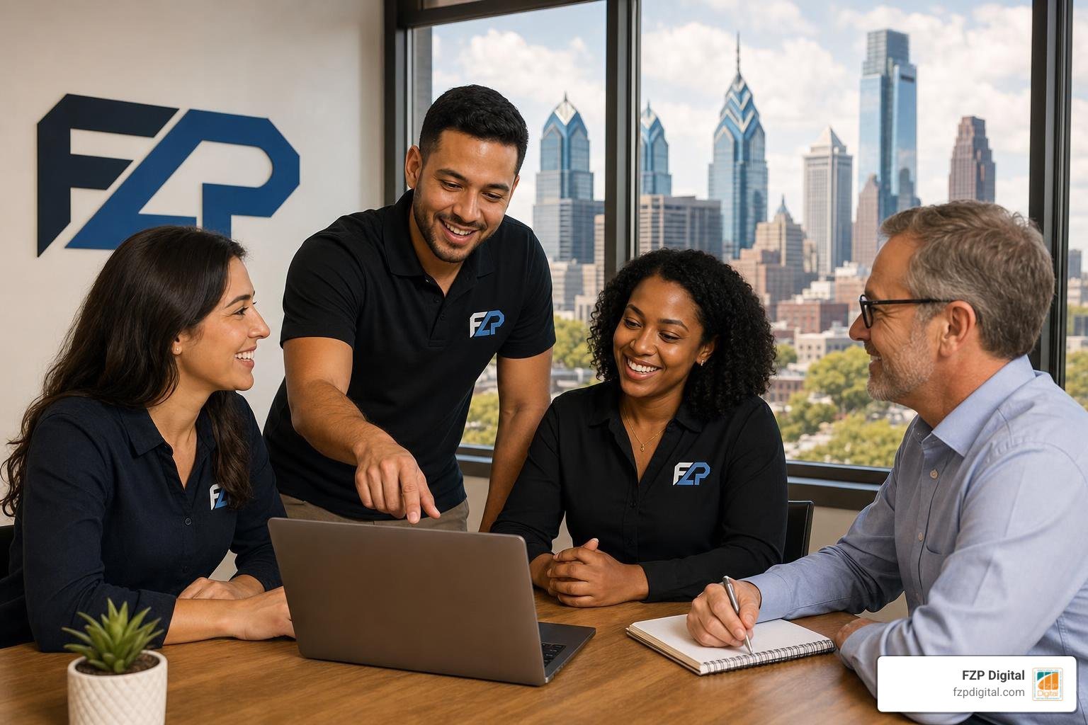 FZP Digital team collaborating with a Philadelphia business owner on digital workflow optimization FZP Digital team collaborating with a Philadelphia business owner on digital workflow optimization