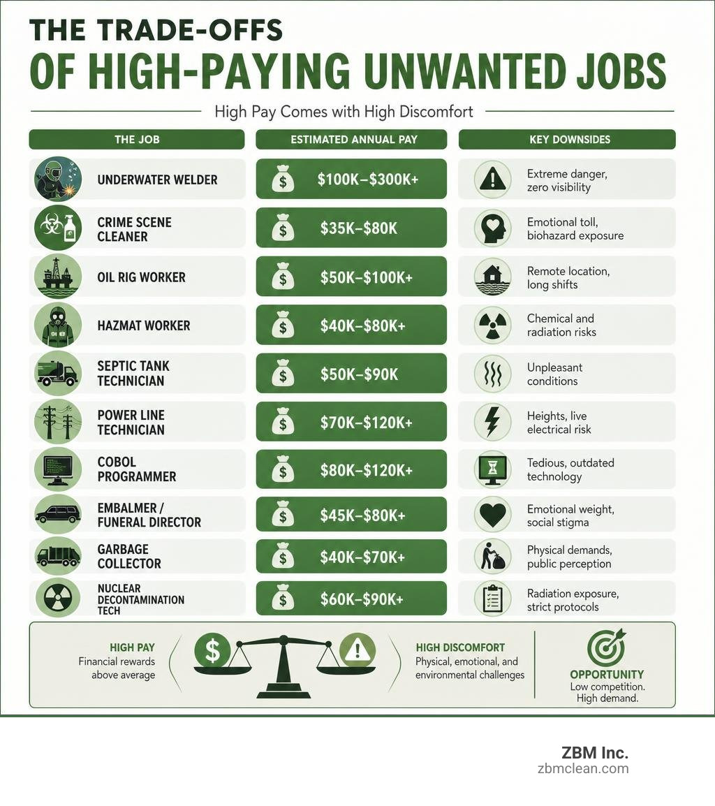 Infographic showing trade-offs of high-paying unwanted jobs including salary ranges and key drawbacks infographic Infographic showing trade-offs of high-paying unwanted jobs including salary ranges and key drawbacks infographic