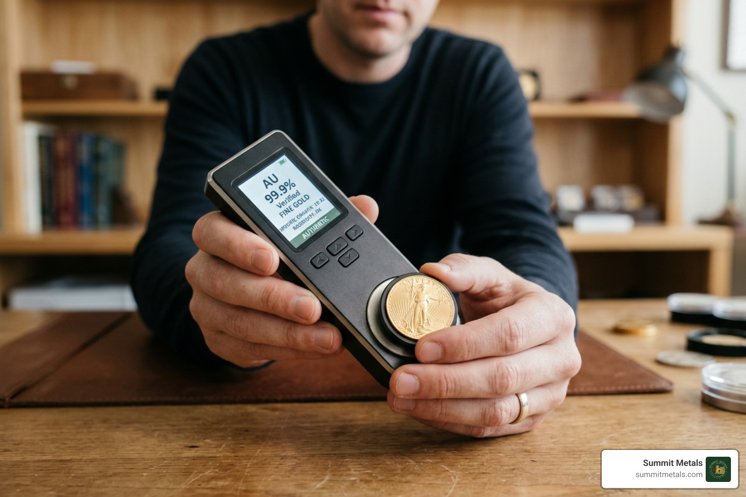 Sigma Metalytics PMV Pro testing a gold coin to verify purity and authenticity Sigma Metalytics PMV Pro testing a gold coin to verify purity and authenticity