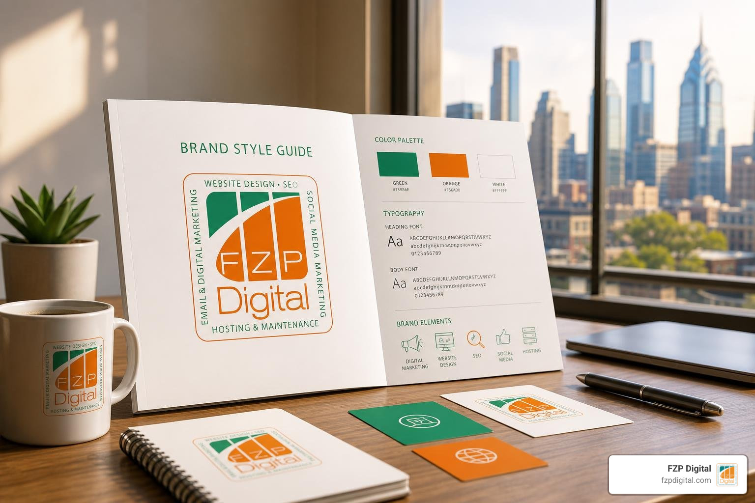 A clean brand style guide with FZP Digital branding and a beautiful Philadelphia skyline accent A clean brand style guide with FZP Digital branding and a beautiful Philadelphia skyline accent