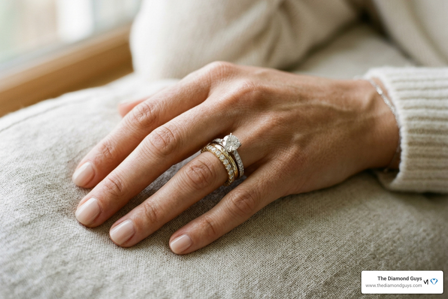 Stacked wedding and eternity rings on a finger showing mixed metals Stacked wedding and eternity rings on a finger showing mixed metals