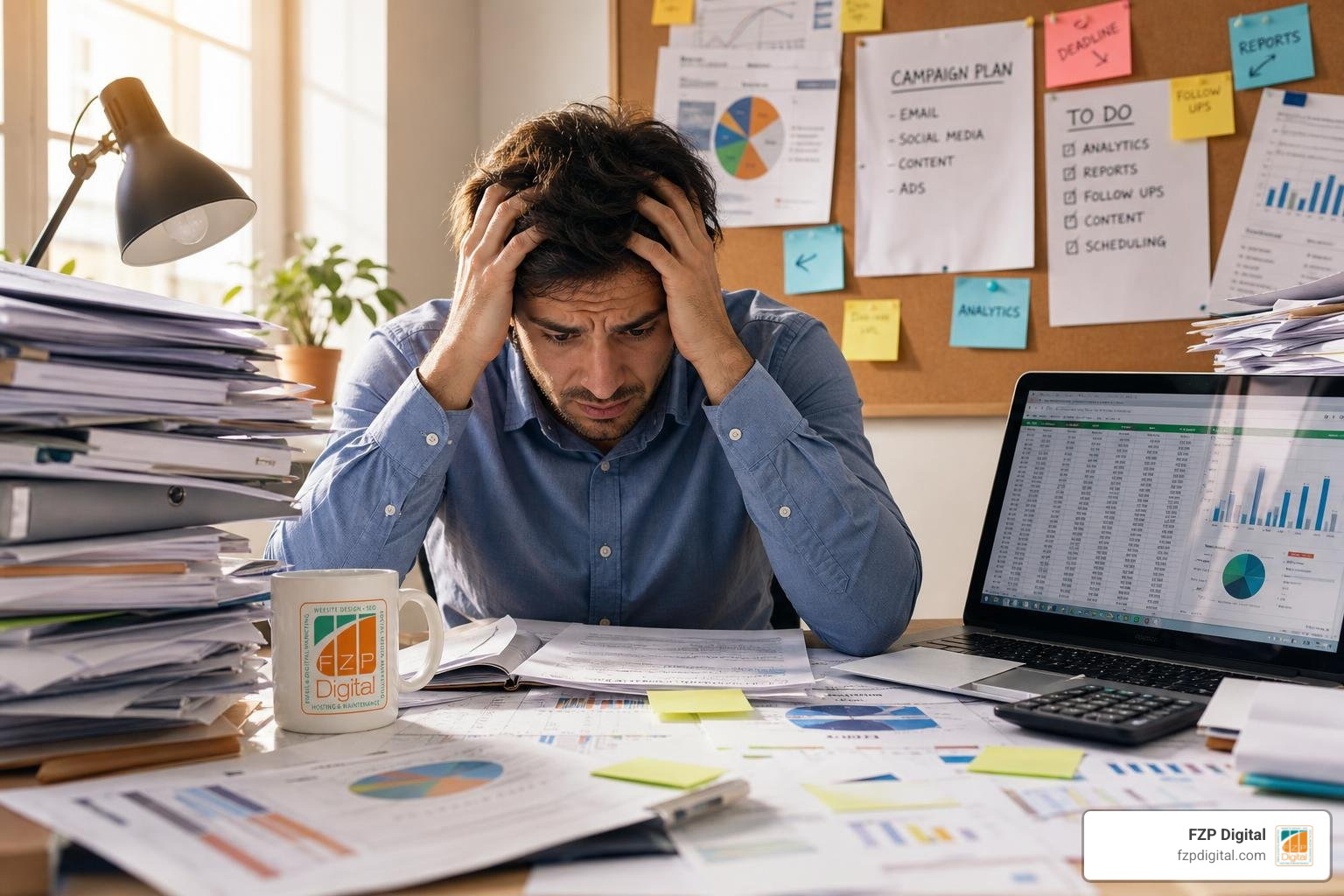 automated marketing services stressed marketer drowning in spreadsheets FZP Digital logo automated marketing services stressed marketer drowning in spreadsheets FZP Digital logo