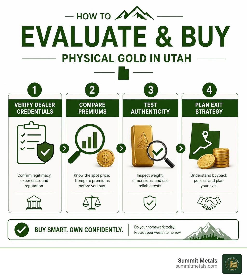 Infographic showing how to evaluate and buy physical gold in Utah: verify dealer credentials, compare premiums, test Infographic showing how to evaluate and buy physical gold in Utah: verify dealer credentials, compare premiums, test