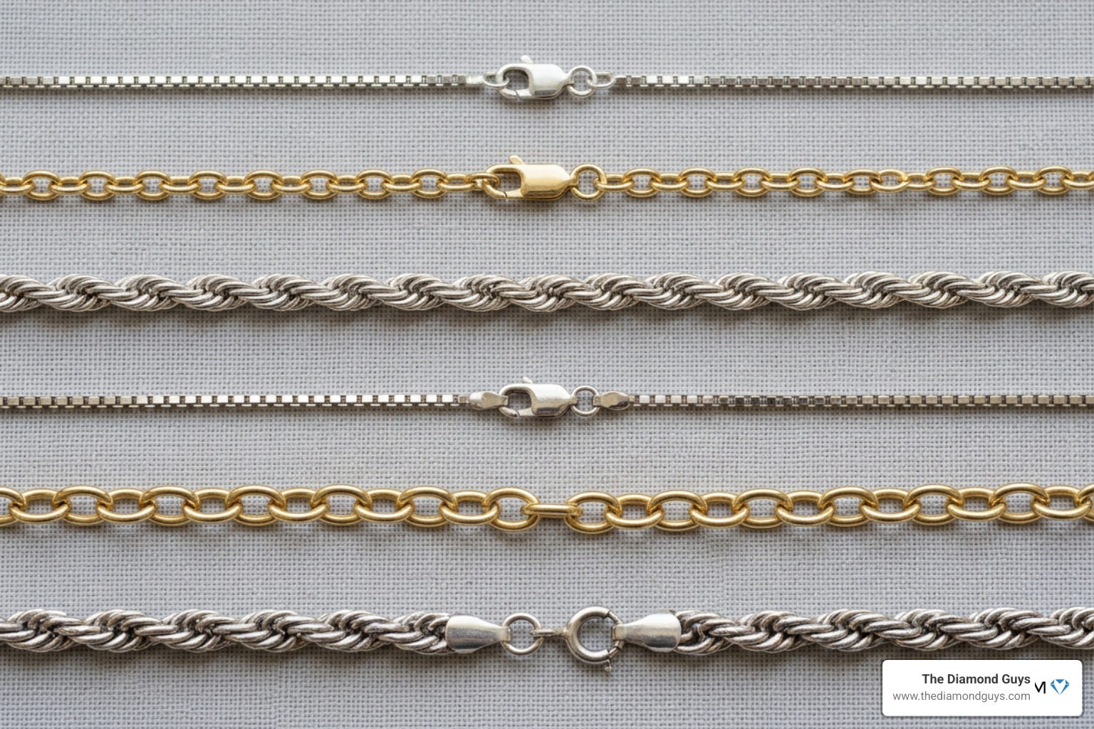 Different jewelry chain links like cable, rope, and box chains Different jewelry chain links like cable, rope, and box chains