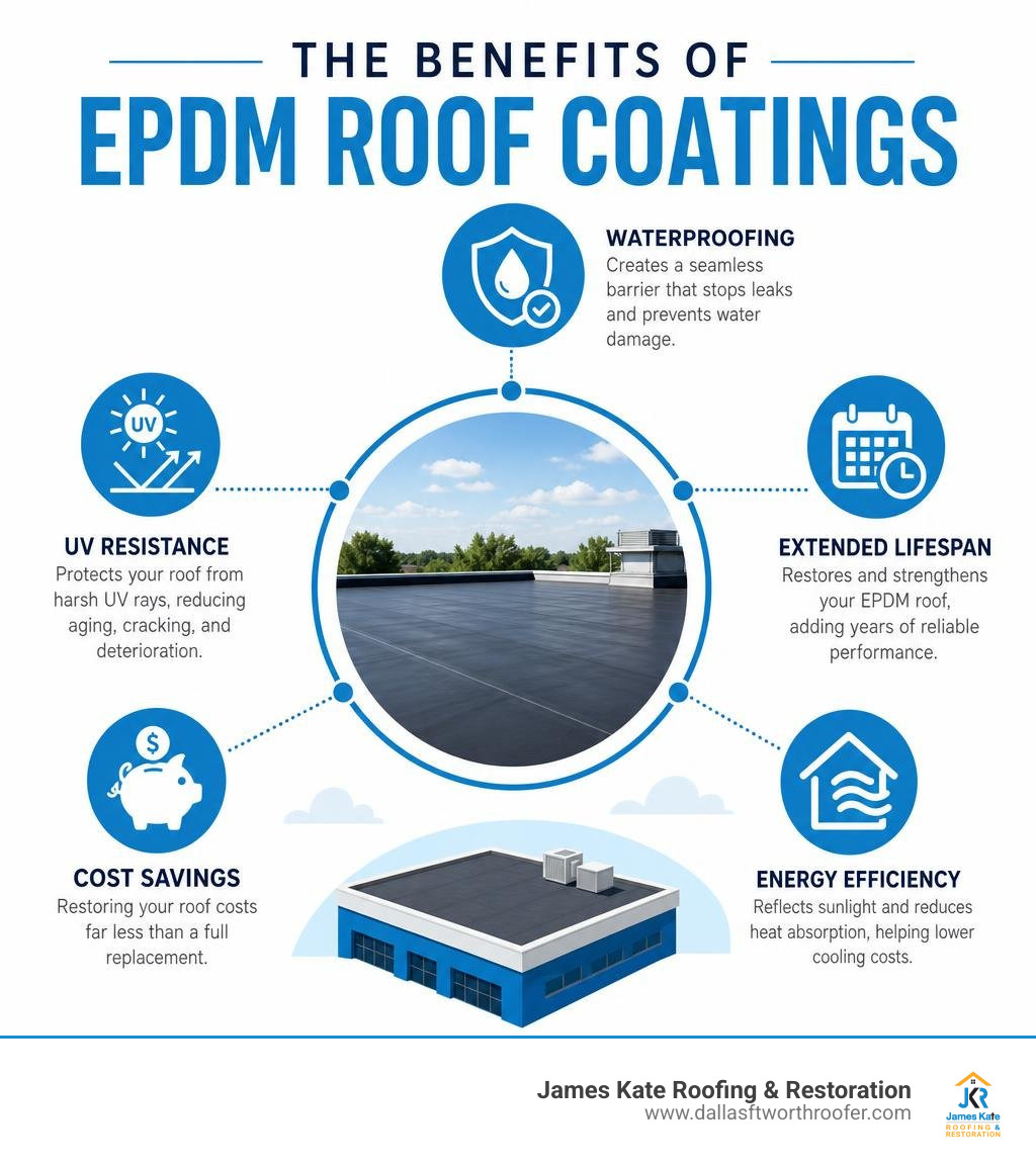 Benefits of EPDM roof coatings including waterproofing, UV resistance, lifespan, cost savings, and energy efficiency Benefits of EPDM roof coatings including waterproofing, UV resistance, lifespan, cost savings, and energy efficiency