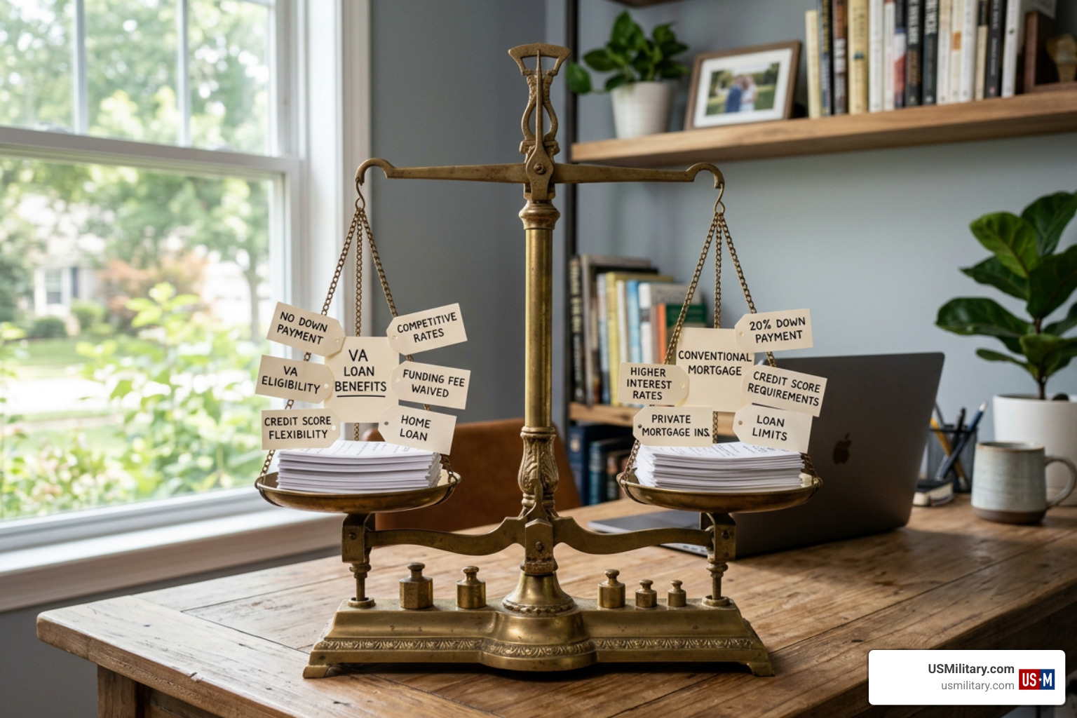 A scale balancing VA loan benefits against conventional loans A scale balancing VA loan benefits against conventional loans