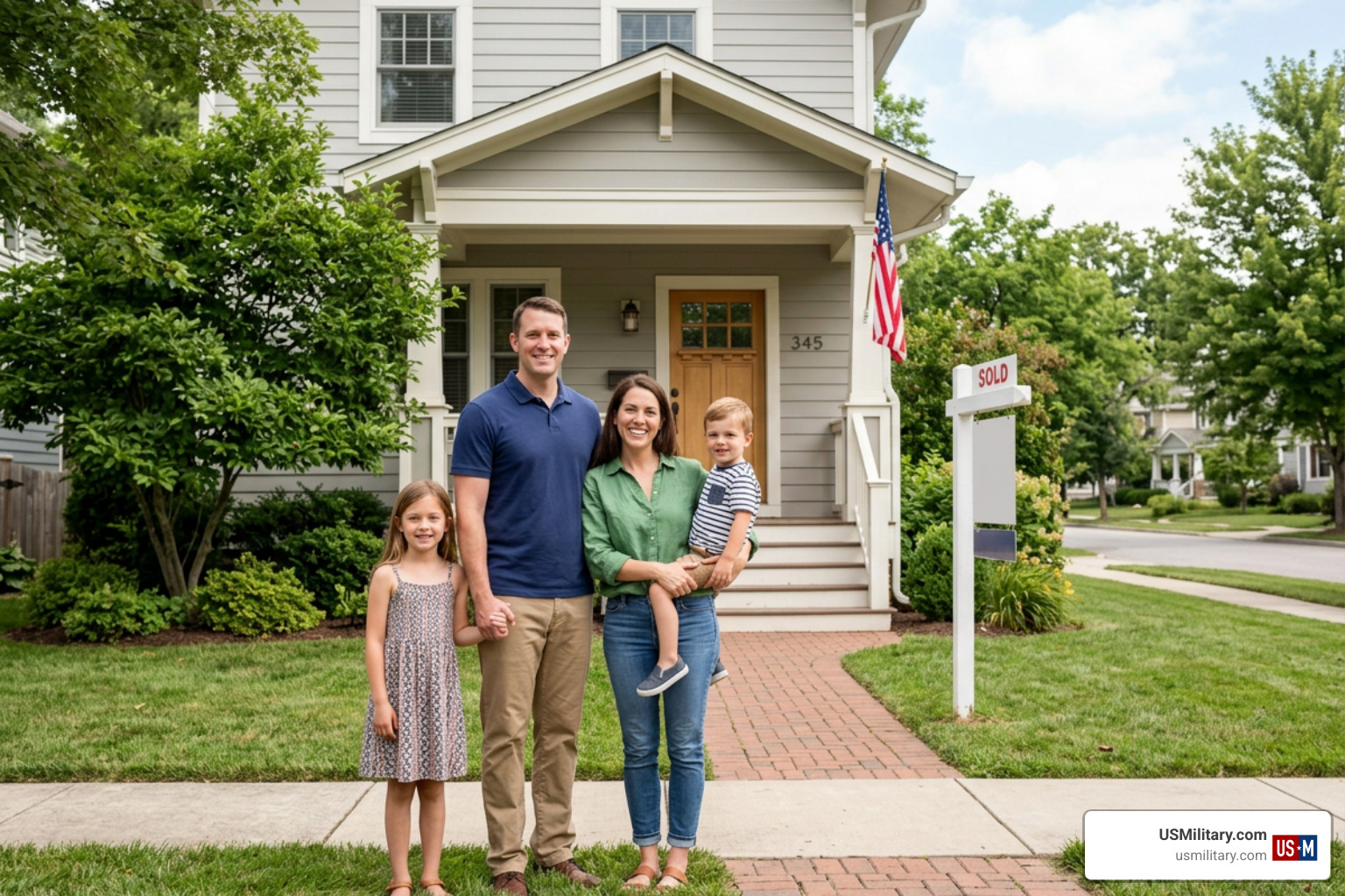 veteran family standing in front of their new home veteran family standing in front of their new home