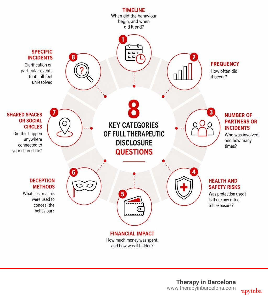 infographic showing the 8 key categories of full therapeutic disclosure questions with icons infographic infographic showing the 8 key categories of full therapeutic disclosure questions with icons infographic