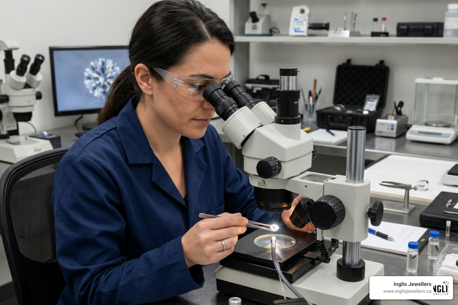 gemologist grading a beautiful man made diamond under a microscope