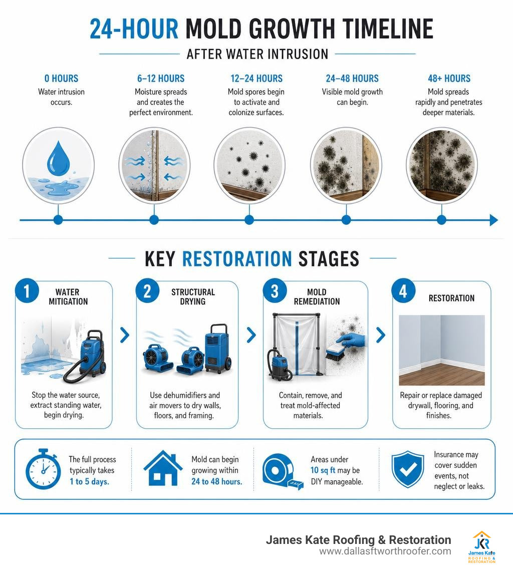 Infographic showing 24-hour mold growth timeline after water intrusion and key solar stages infographic Infographic showing 24-hour mold growth timeline after water intrusion and key solar stages infographic