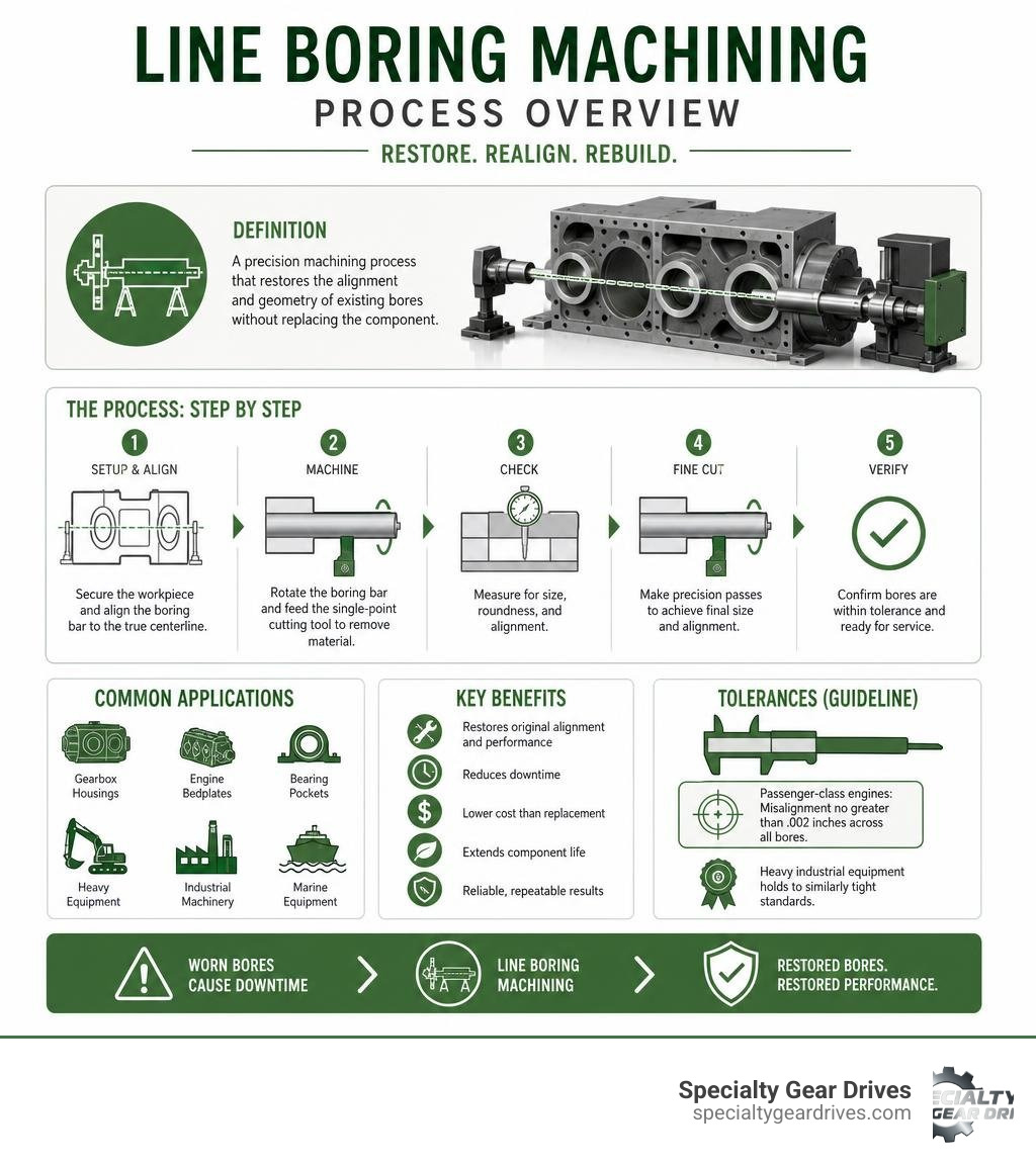 Line boring machining process overview: definition, steps, applications, and tolerances infographic Line boring machining process overview: definition, steps, applications, and tolerances infographic