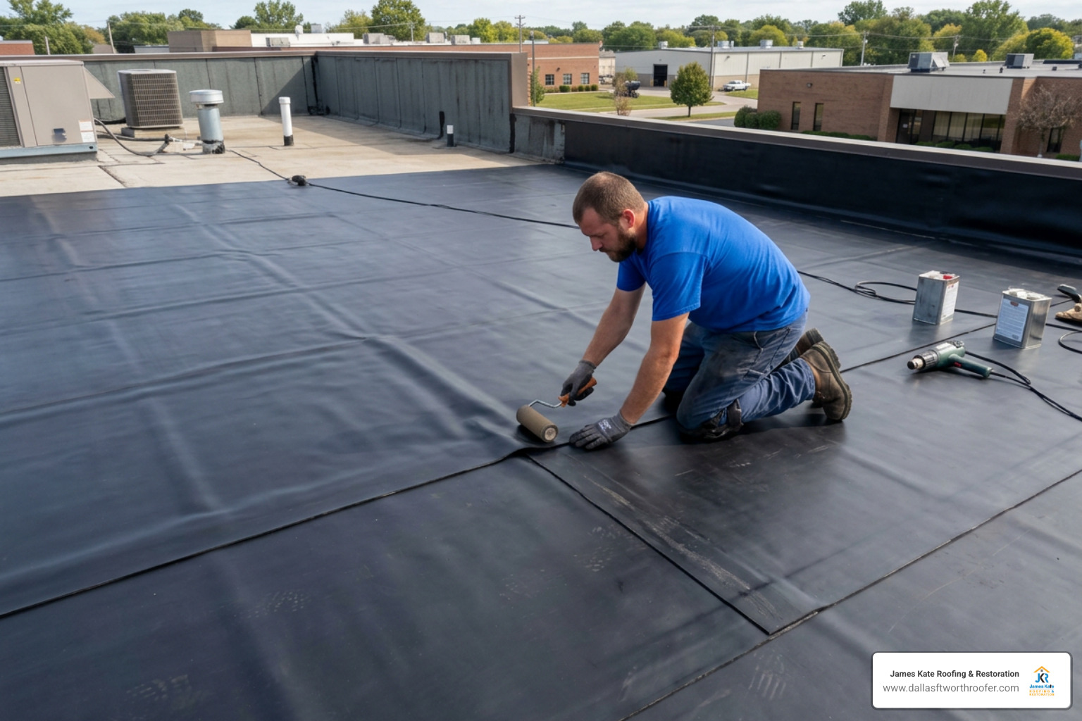 EPDM rubber sheet membrane installation being prepared by a worker in a royal blue shirt EPDM rubber sheet membrane installation being prepared by a worker in a royal blue shirt