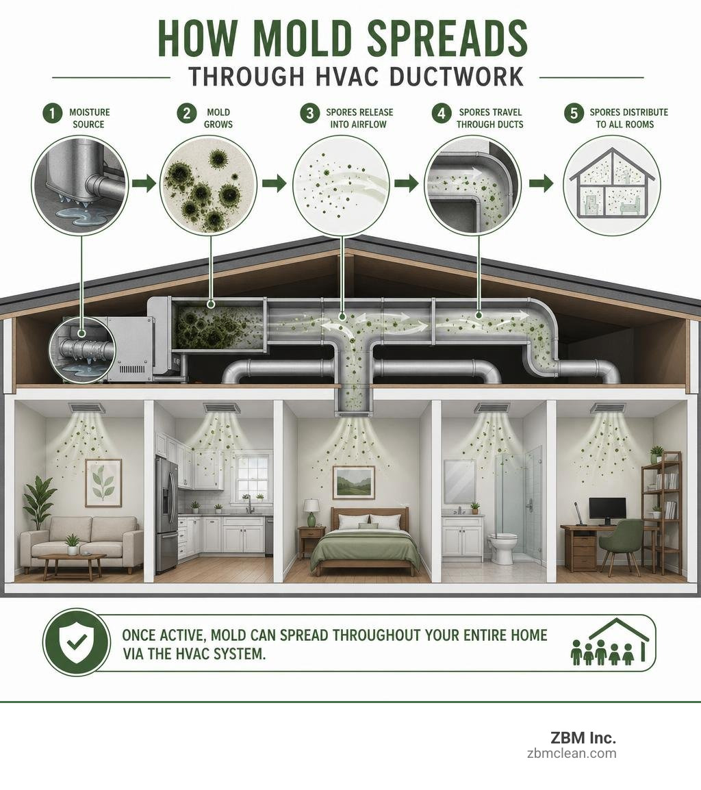 Infographic showing how mold spreads through HVAC ductwork from a moisture source to all rooms infographic Infographic showing how mold spreads through HVAC ductwork from a moisture source to all rooms infographic