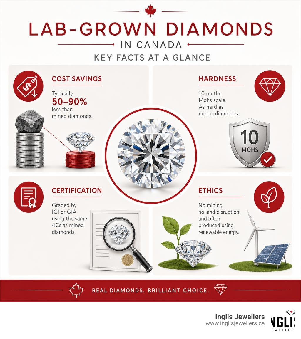 infographic showing key facts about lab-grown diamonds in Canada: cost savings, hardness, certification, and ethics