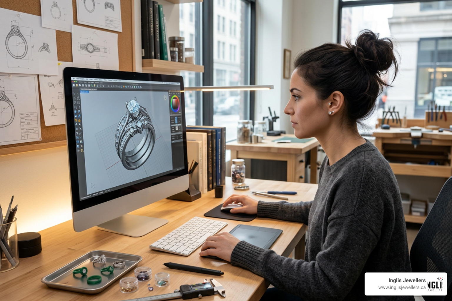 A jewelry designer utilizing 3D CAD modeling software for a custom ring design A jewelry designer utilizing 3D CAD modeling software for a custom ring design