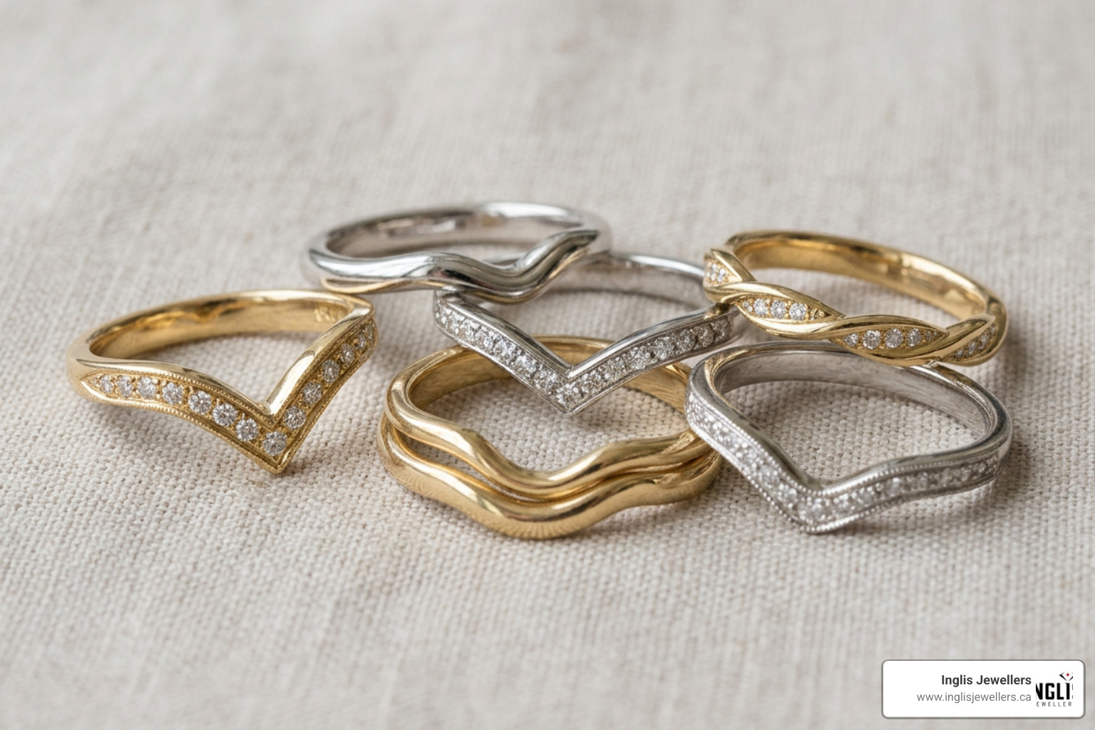 A collection of popular shaped and contoured wedding band styles A collection of popular shaped and contoured wedding band styles