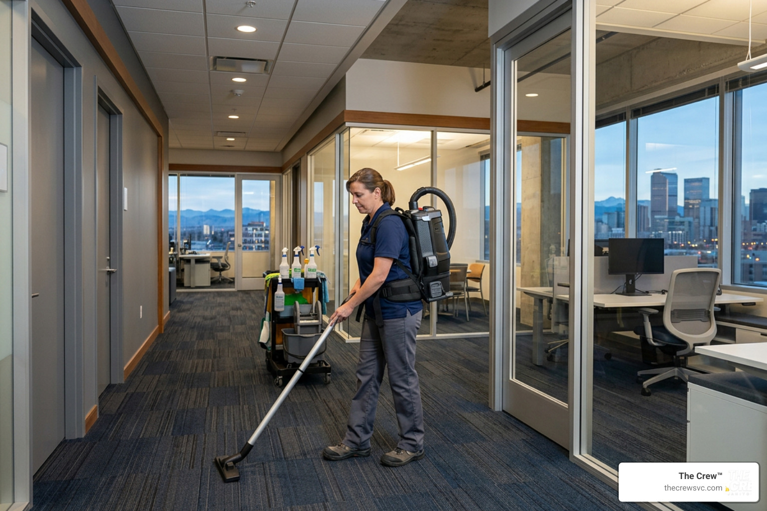 Janitor using an ergonomic backpack vacuum in a modern Denver office building Janitor using an ergonomic backpack vacuum in a modern Denver office building