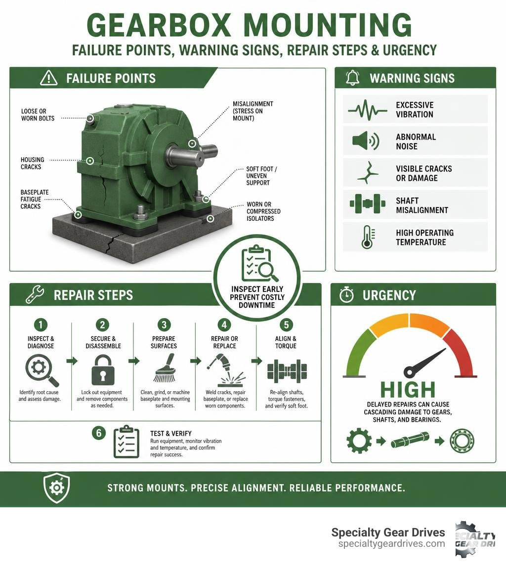 Infographic showing industrial gearbox mounting failure points warning signs repair steps and urgency infographic Infographic showing industrial gearbox mounting failure points warning signs repair steps and urgency infographic