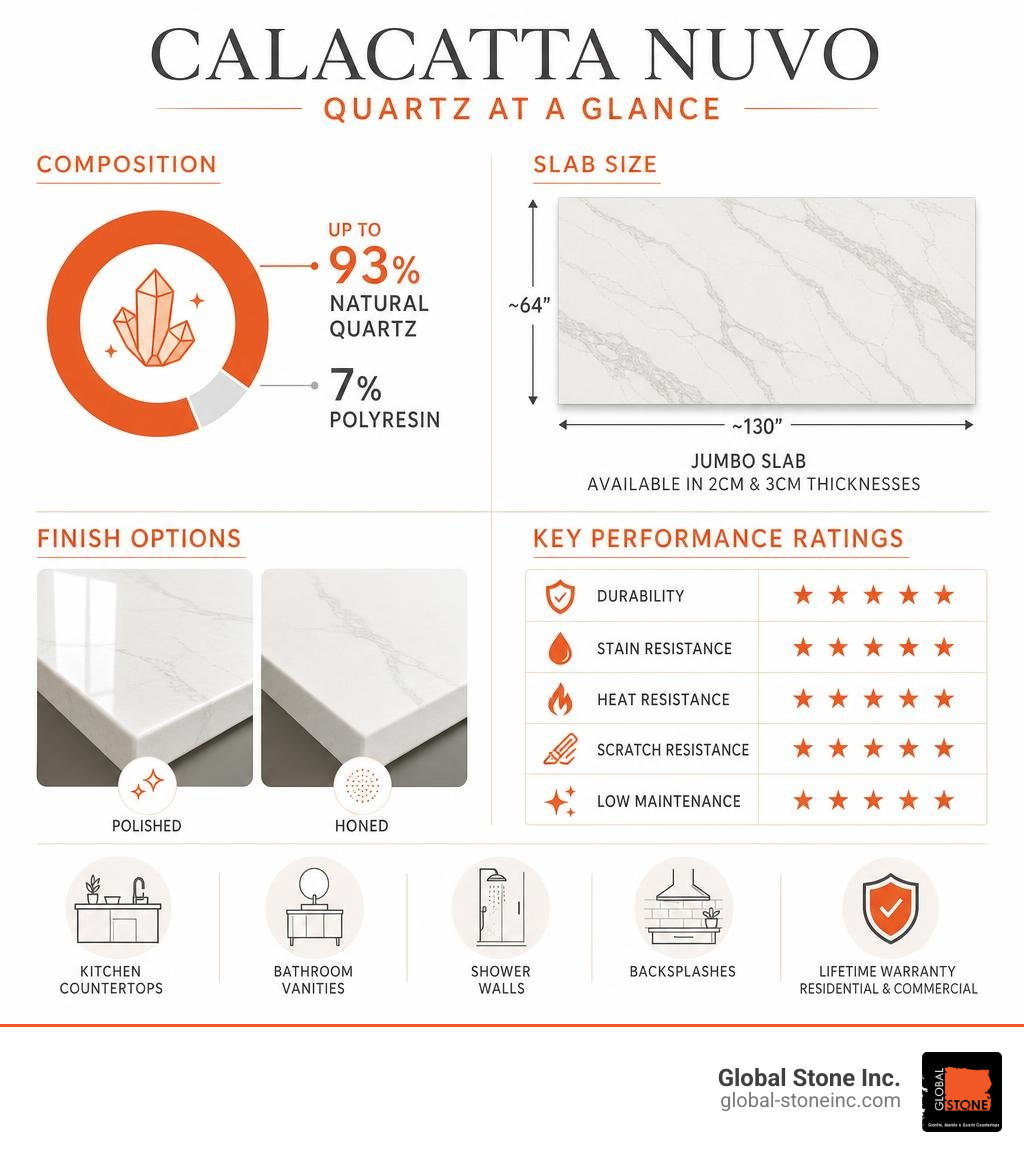 Infographic showing Calacatta Nuvo quartz composition, slab size, finish options, and key performance ratings infographic