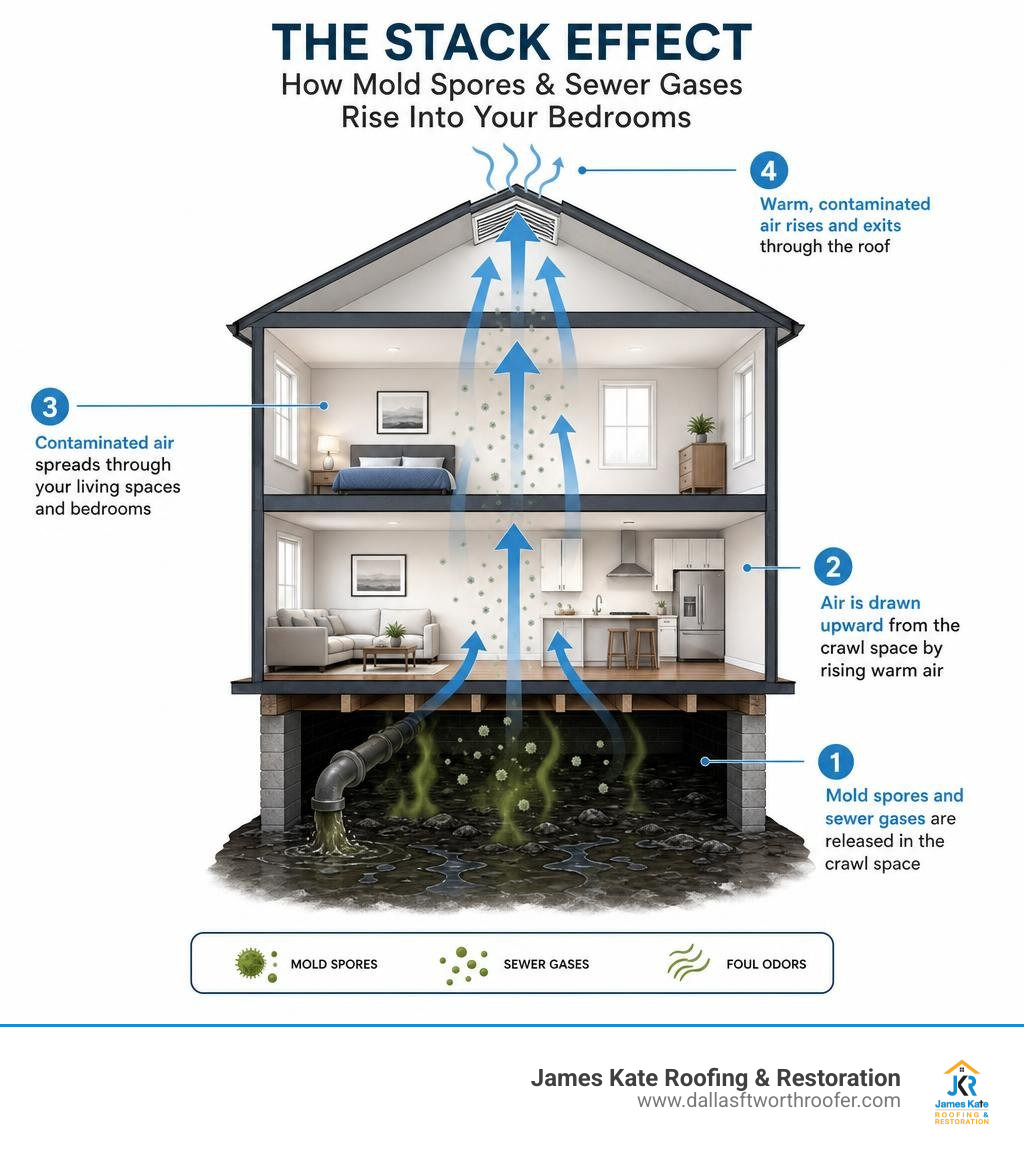 Infographic showing how the stack effect draws mold spores and sewer gases upward into bedrooms infographic Infographic showing how the stack effect draws mold spores and sewer gases upward into bedrooms infographic