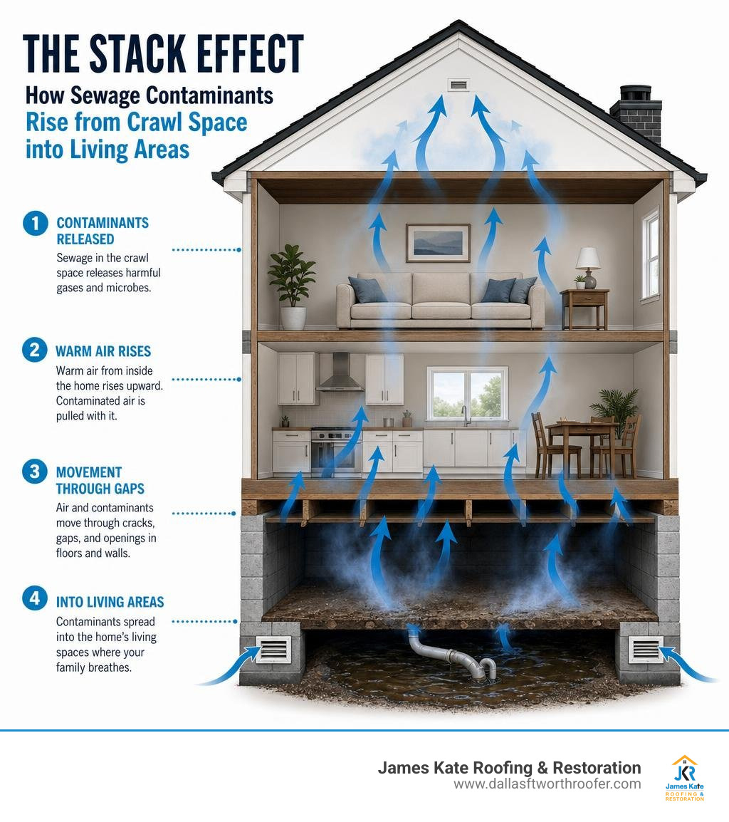 Infographic showing the stack effect: how sewage contaminants rise from crawl space into living areas infographic Infographic showing the stack effect: how sewage contaminants rise from crawl space into living areas infographic