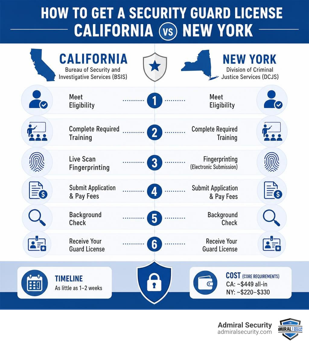 Step-by-step process of obtaining a security guard license in California vs New York infographic
