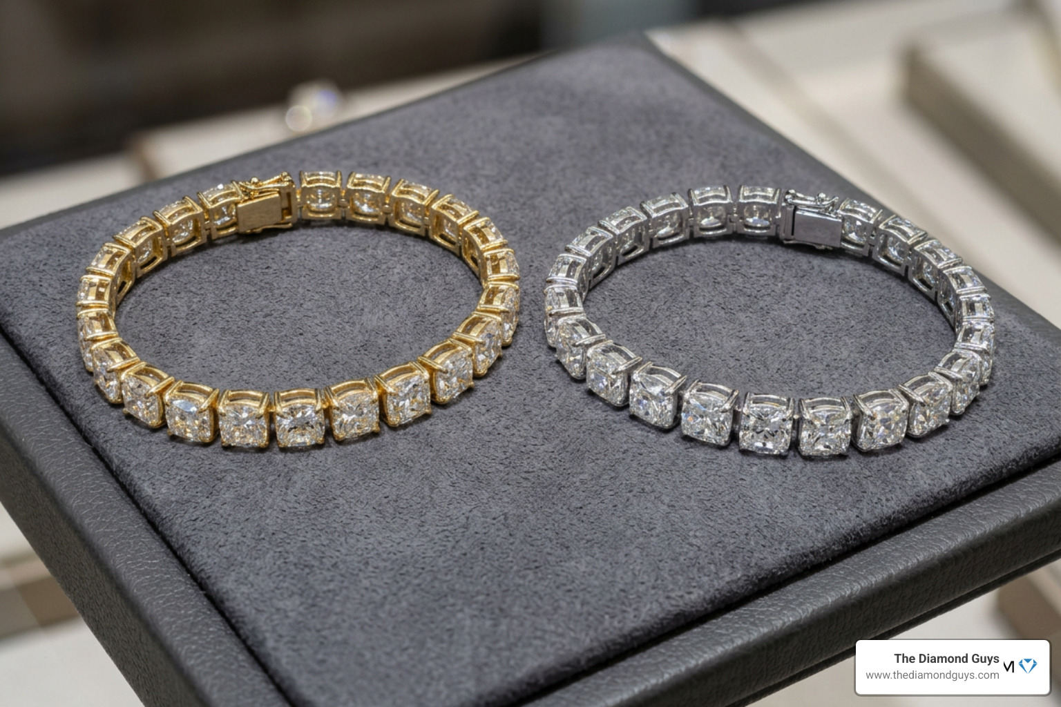 Different gold and platinum metal settings for a cushion cut tennis bracelet Different gold and platinum metal settings for a cushion cut tennis bracelet