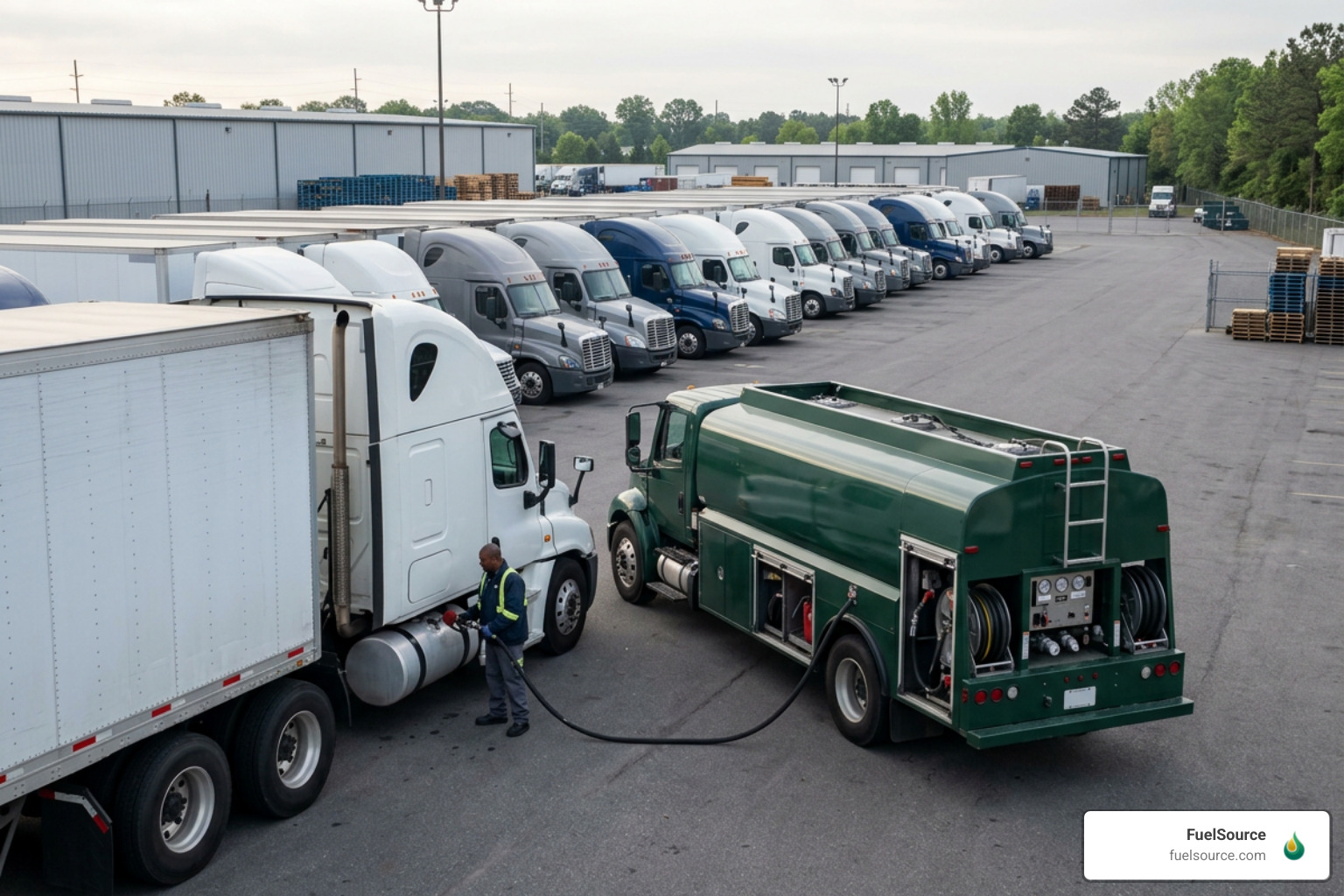 Modern mobile fueling vehicle delivering fuel to a fleet of trucks