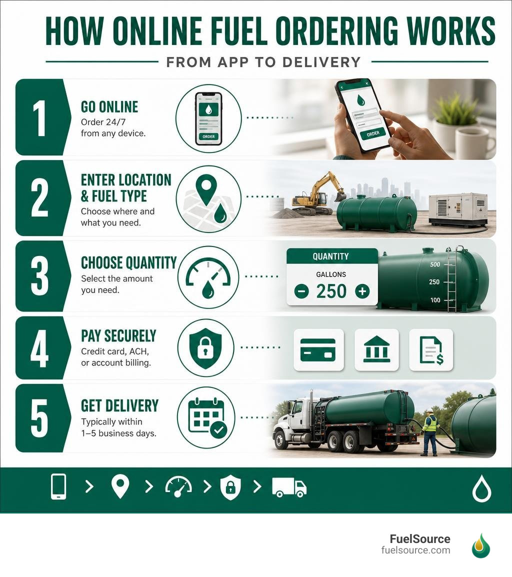 How online fuel ordering works step by step from app to delivery infographic
