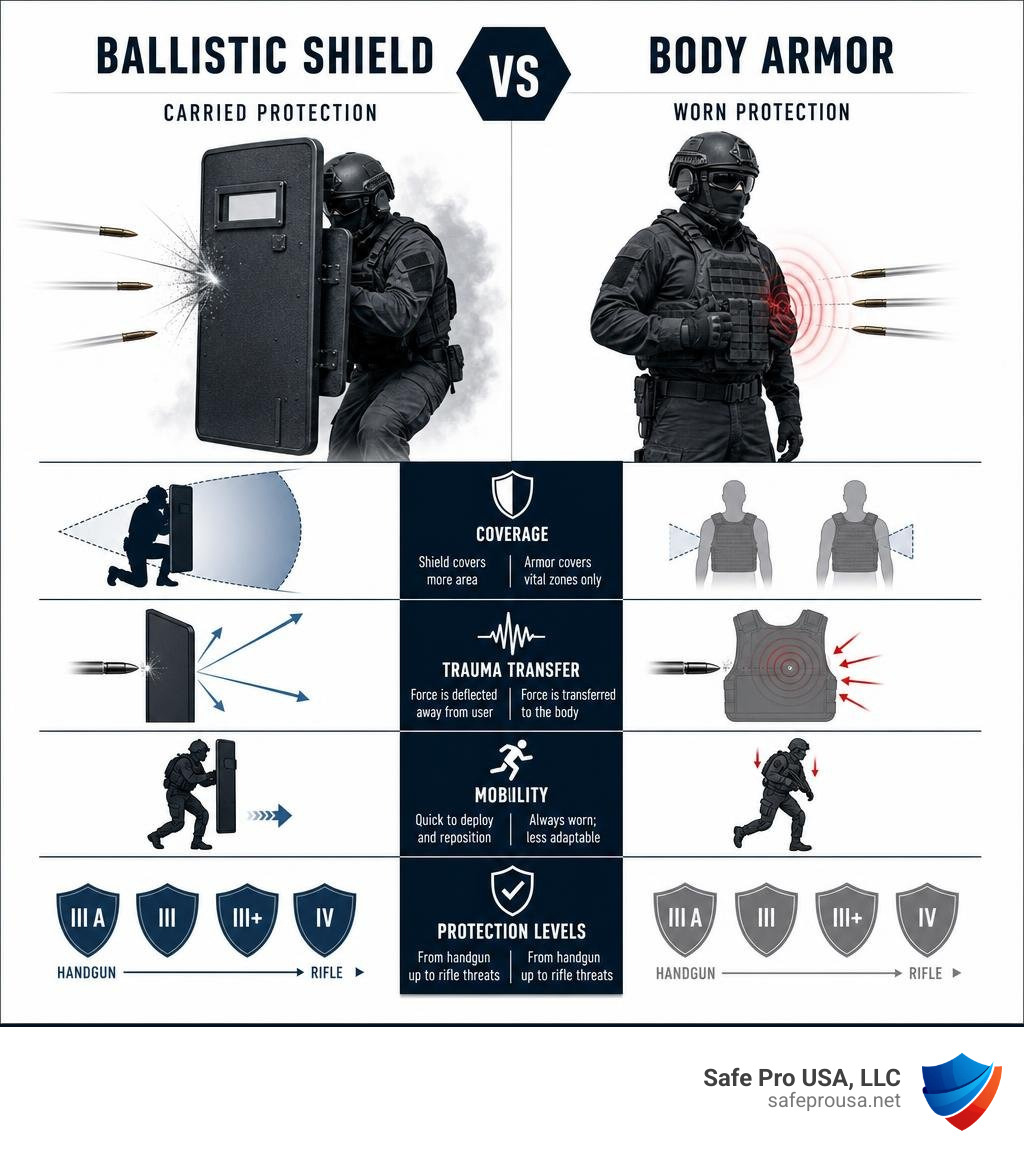Ballistic shield vs body armor comparison infographic: coverage, trauma transfer, mobility, protection levels infographic Ballistic shield vs body armor comparison infographic: coverage, trauma transfer, mobility, protection levels infographic