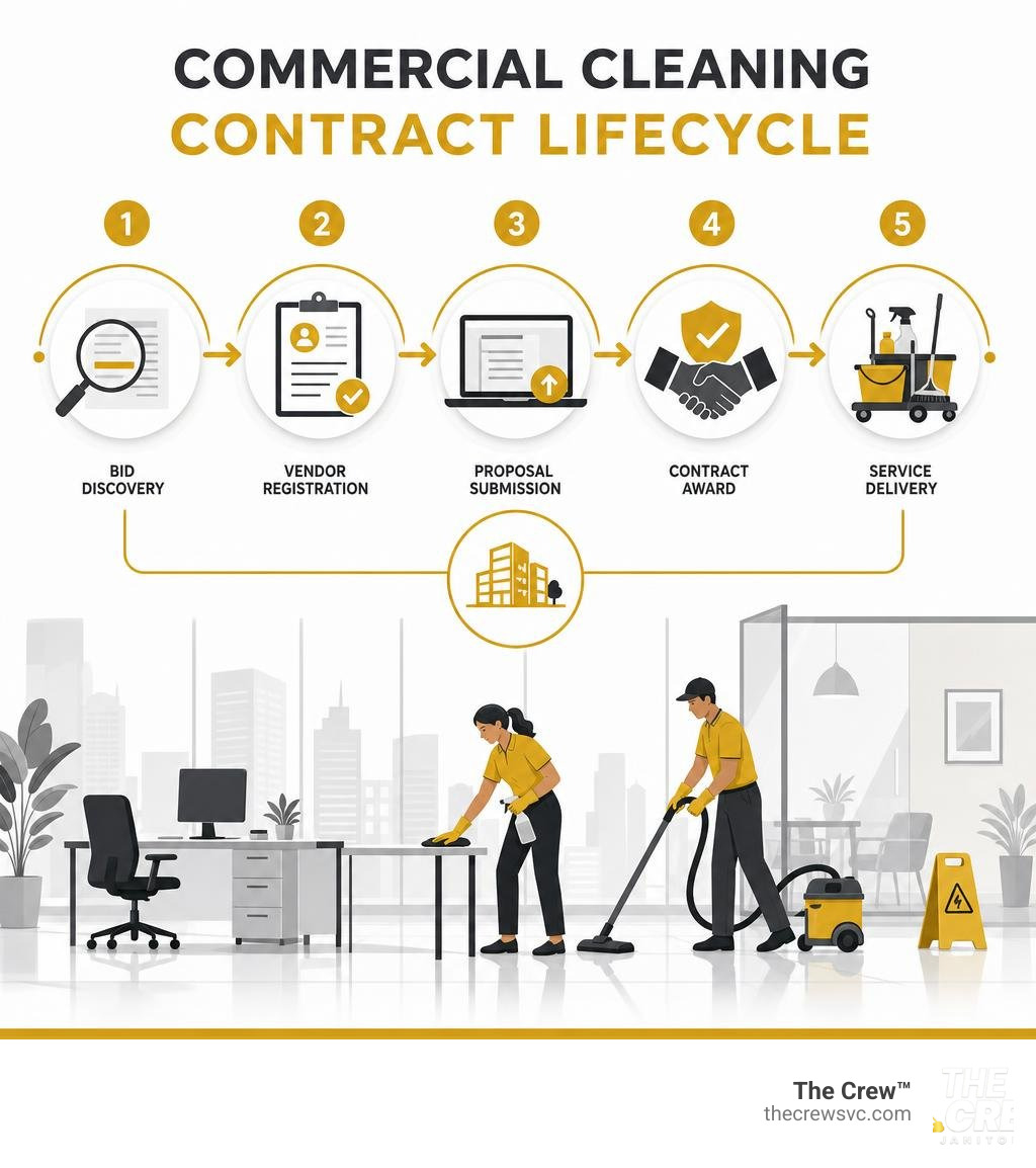 Commercial cleaning contract lifecycle infographic showing bid discovery, vendor registration, proposal submission, contract Commercial cleaning contract lifecycle infographic showing bid discovery, vendor registration, proposal submission, contract