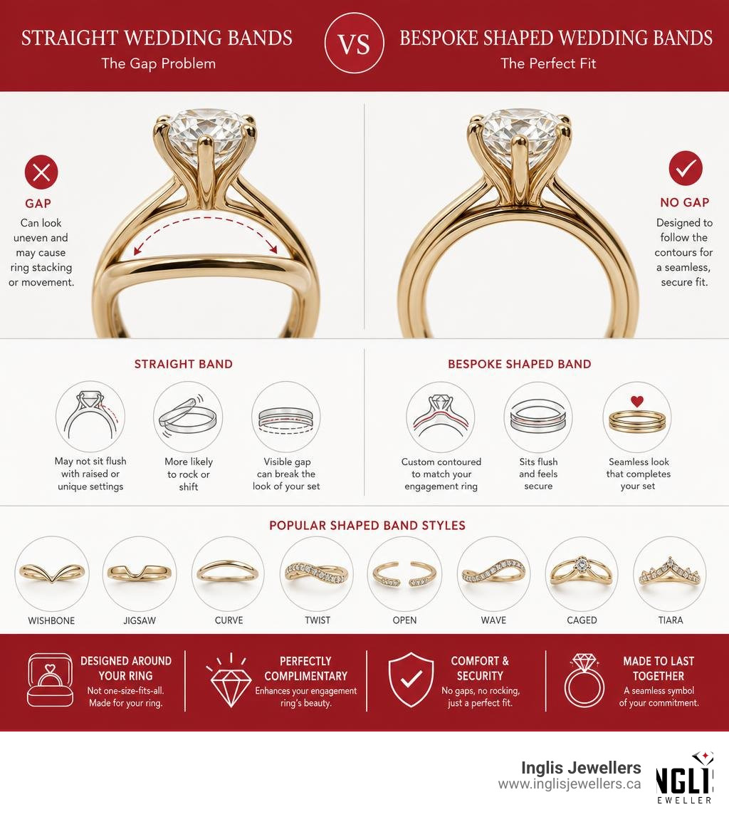 Infographic comparing straight wedding bands vs bespoke shaped wedding bands and their fit with engagement rings infographic Infographic comparing straight wedding bands vs bespoke shaped wedding bands and their fit with engagement rings infographic