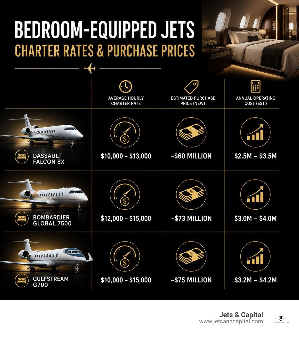 Table comparing charter rates and purchase prices of bedroom-equipped jets infographic
