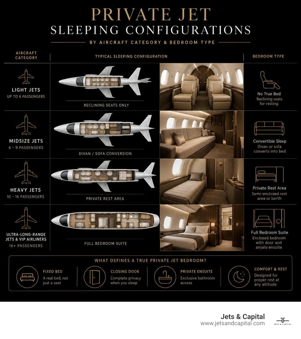 Private jet sleeping configurations by aircraft category and bedroom type infographic